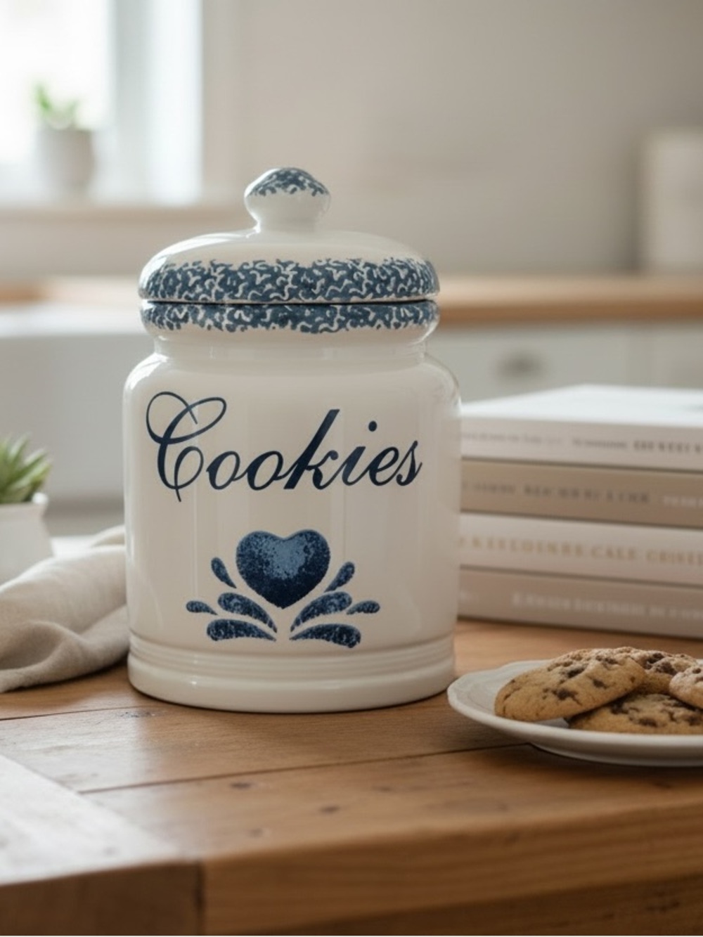 Vintage Blue Sponge-ware Hearts Cookie Jar 1980’s